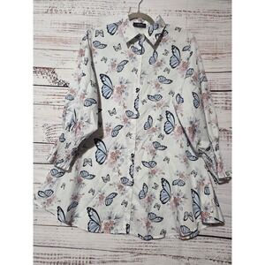Camisa Women XXL Butterfly Floral Satin Tunic Button Down Smocked Cuff Top
